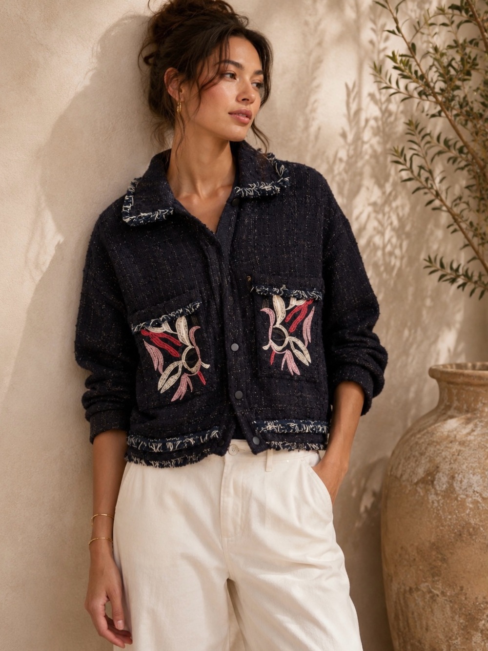 Anthropologie Foxiedox Navy Blue Embroidered Takeo Tweed Jacket Fringe Boho